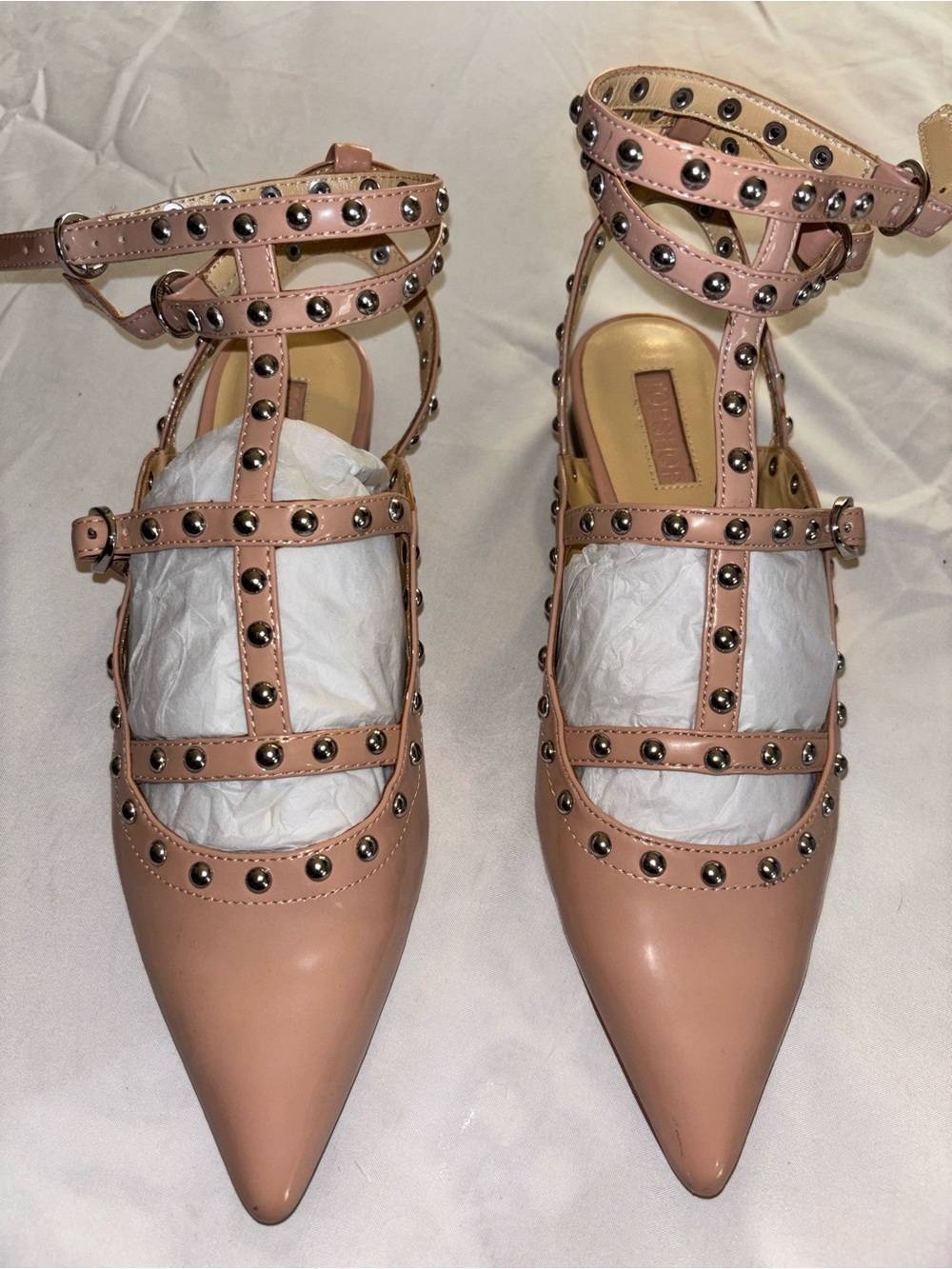 Topshop Nude Patent Leather Studded Strappy Pointed Toe Ballet Flats 6.5
